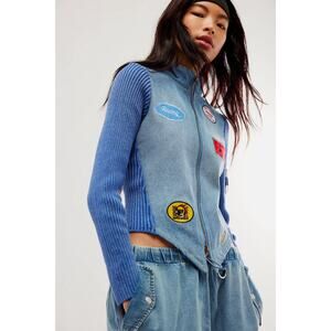 Free People Understated Leather Denim Racing Moto Jacket Motor Sports Small $348